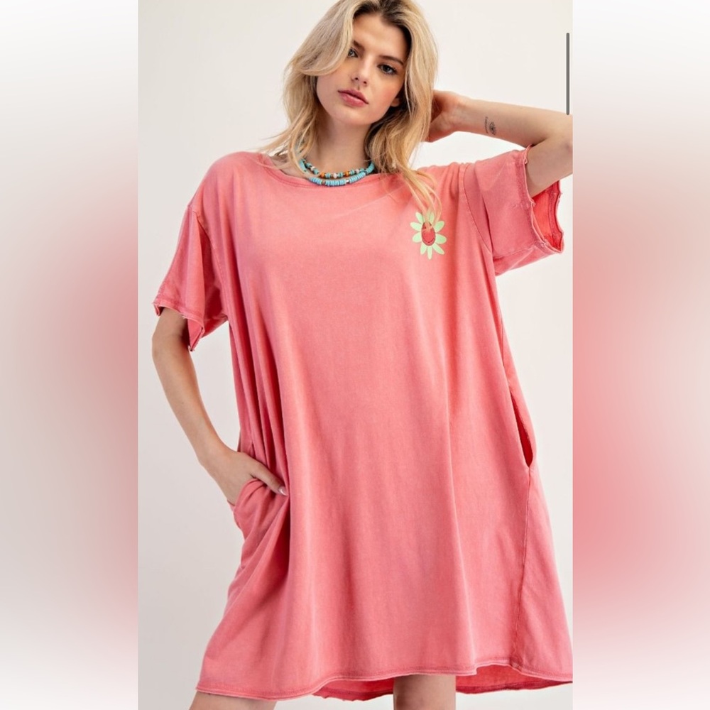 834 small - 3X ❤️ EASEL SILK SCREEN FLORAL PRINT WASHED TUNIC DRESS - Picture 2 of 3